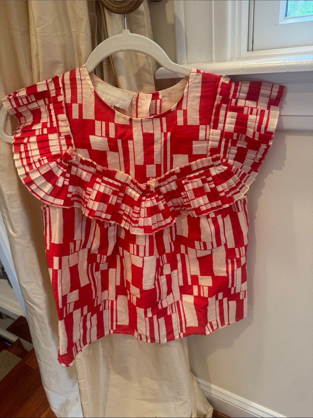 Corey Lynn Calter Red & Cream Geometric Ruffle-Front Top XS VGUC